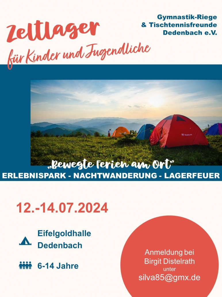 Zeltlager für Kinder und Jugendliche. 12.-14.07.24 Eifelgoldhalle Dedenbach